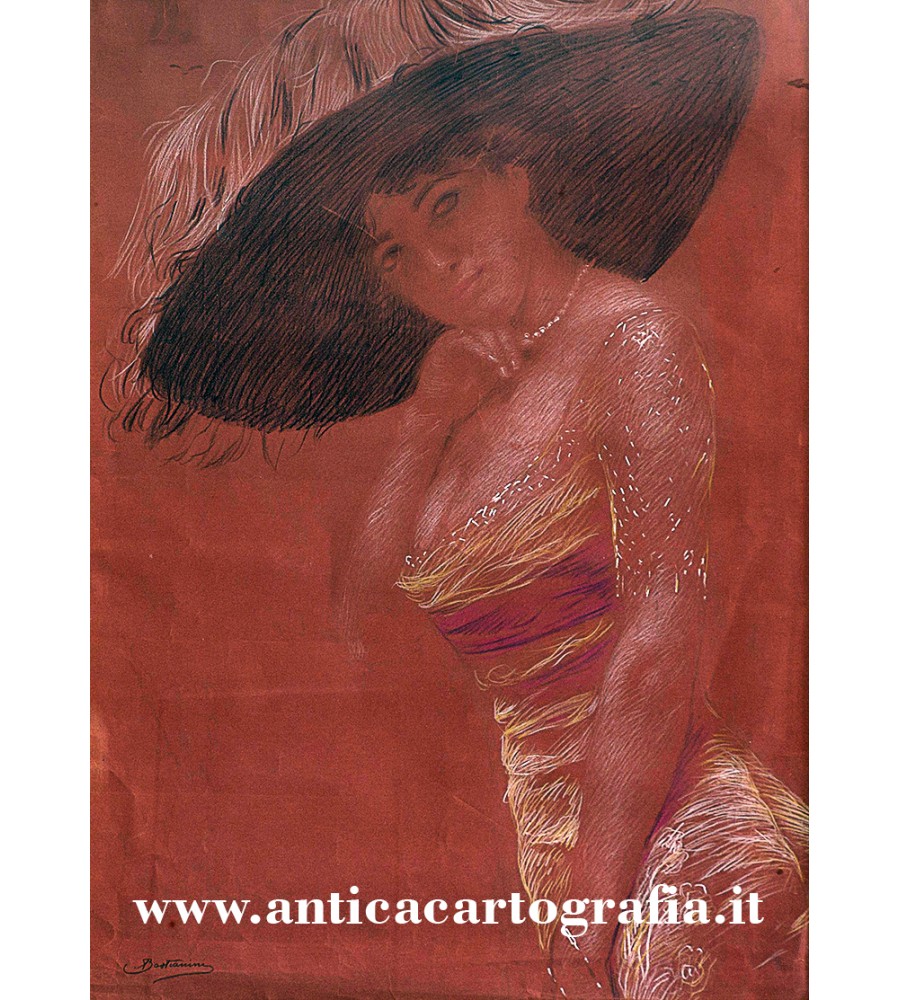 Donna con cappello, pastelli su cartone colorato